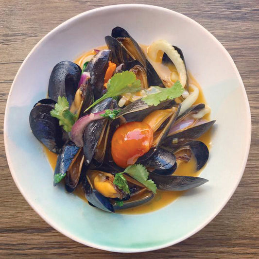 Mussels cooked in cider with nduja, fennel, cherry tomato and coriander