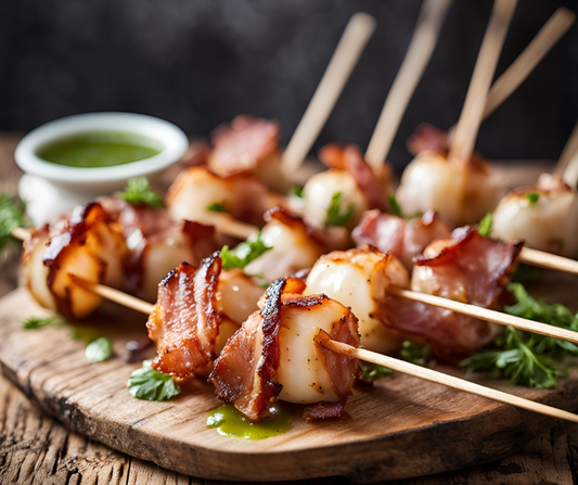 Bacon-Wrapped Scallop Skewers With Sage Dressing