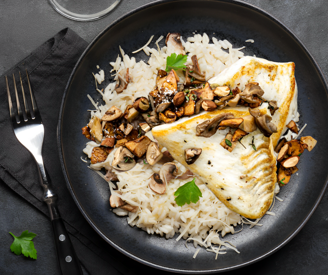 Turbot steaks with wild mushrooms