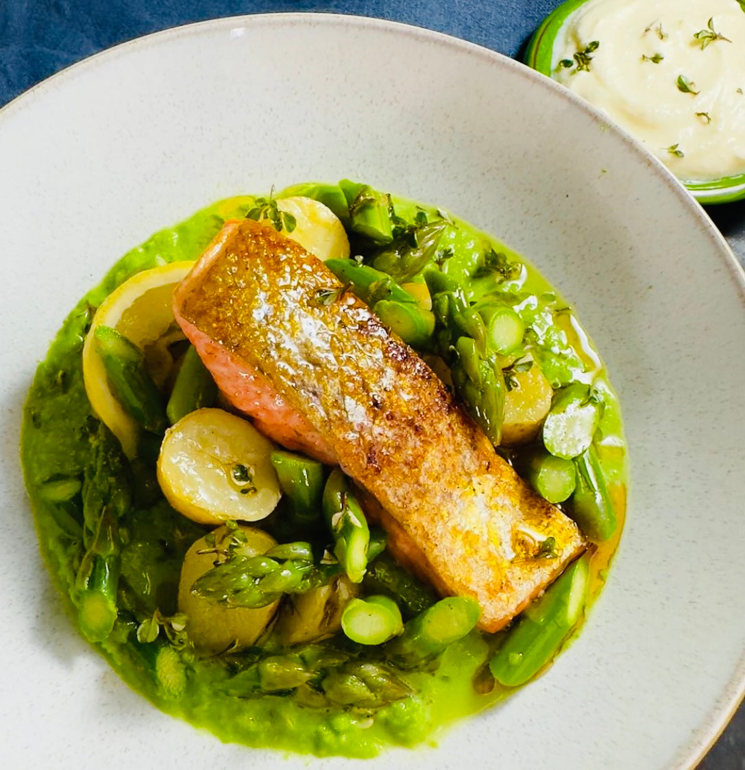 Pan Fried Trout, Spring Greens, Feta and Horseradish Sauce