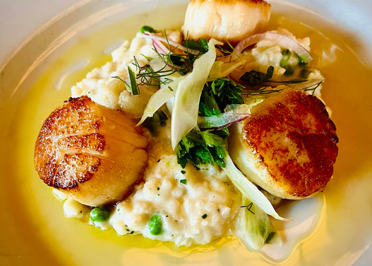 Diver scallops on creamy pea risotto with tangy fennel shavings