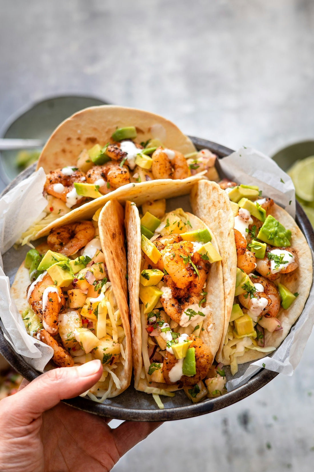 Prawn taco with avocado and lime crema