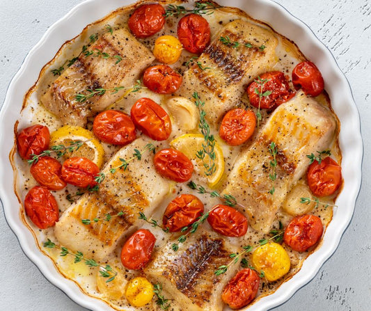 Greek-style white fish fillet and orzo bake