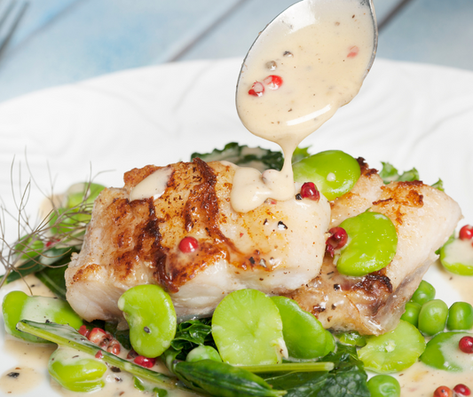 grilled turbot fillet steaks with pink peppercorn sauce